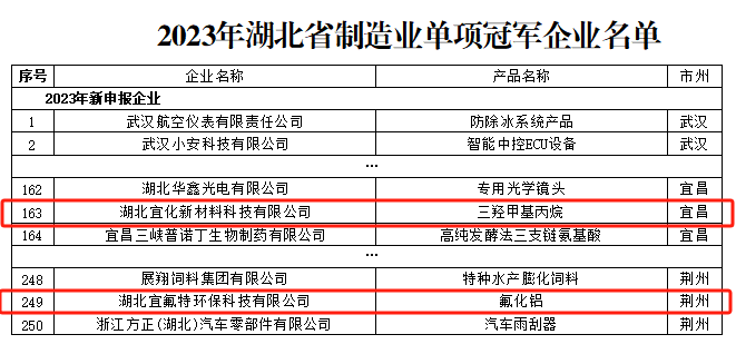 宜化新材料、宜氟特環(huán)保公司獲評(píng)2023年湖北省制造業(yè)單項(xiàng)冠軍企業(yè)(圖1)