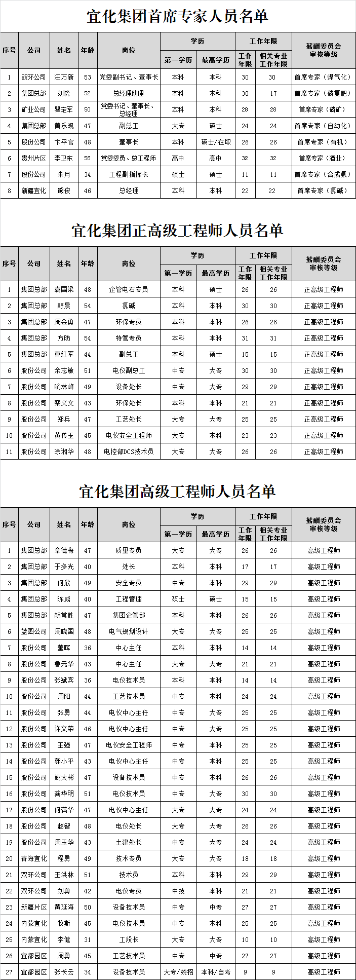 宜化集團首席專家、正高級工程師、高級工程師評審結(jié)果公示